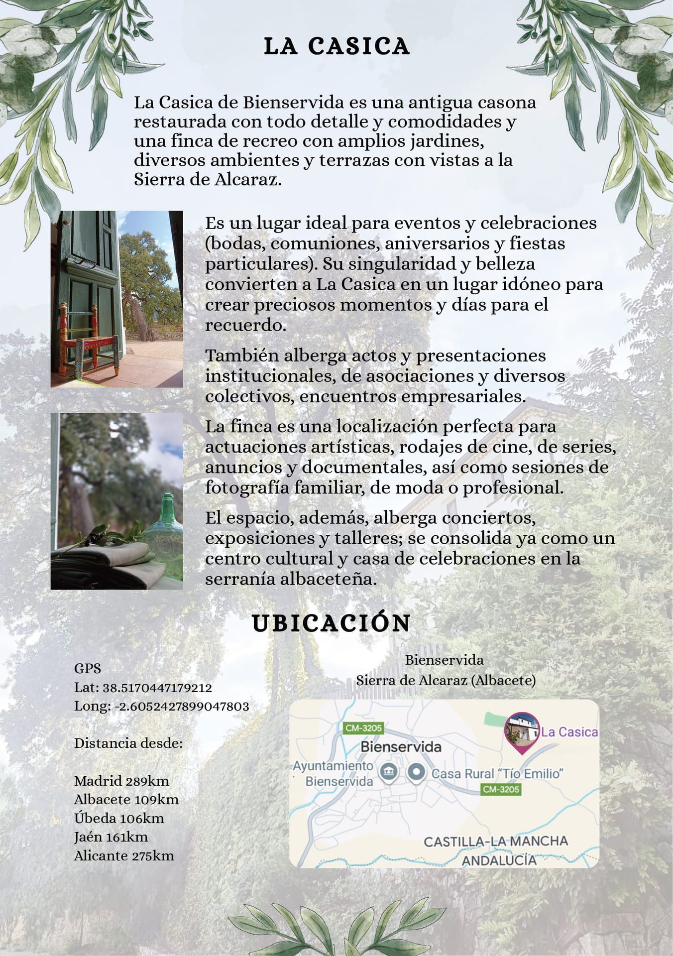 Cartel español titulado “La Casita” con fotos de una casa rústica y un mapa de ubicación cerca de la parte inferior.