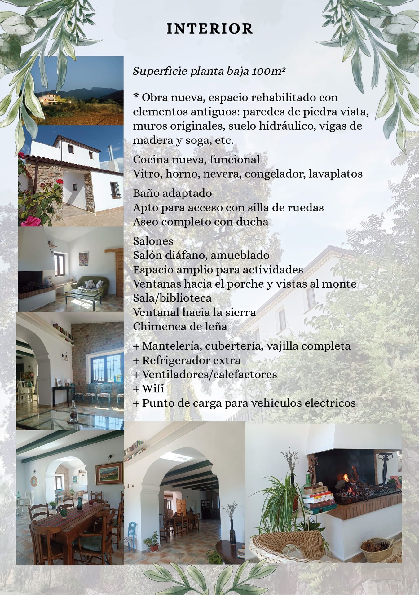 Collage interior de habitaciones rústicas de paredes blancas, arcos de piedra y una chimenea con texto en español superpuesto.