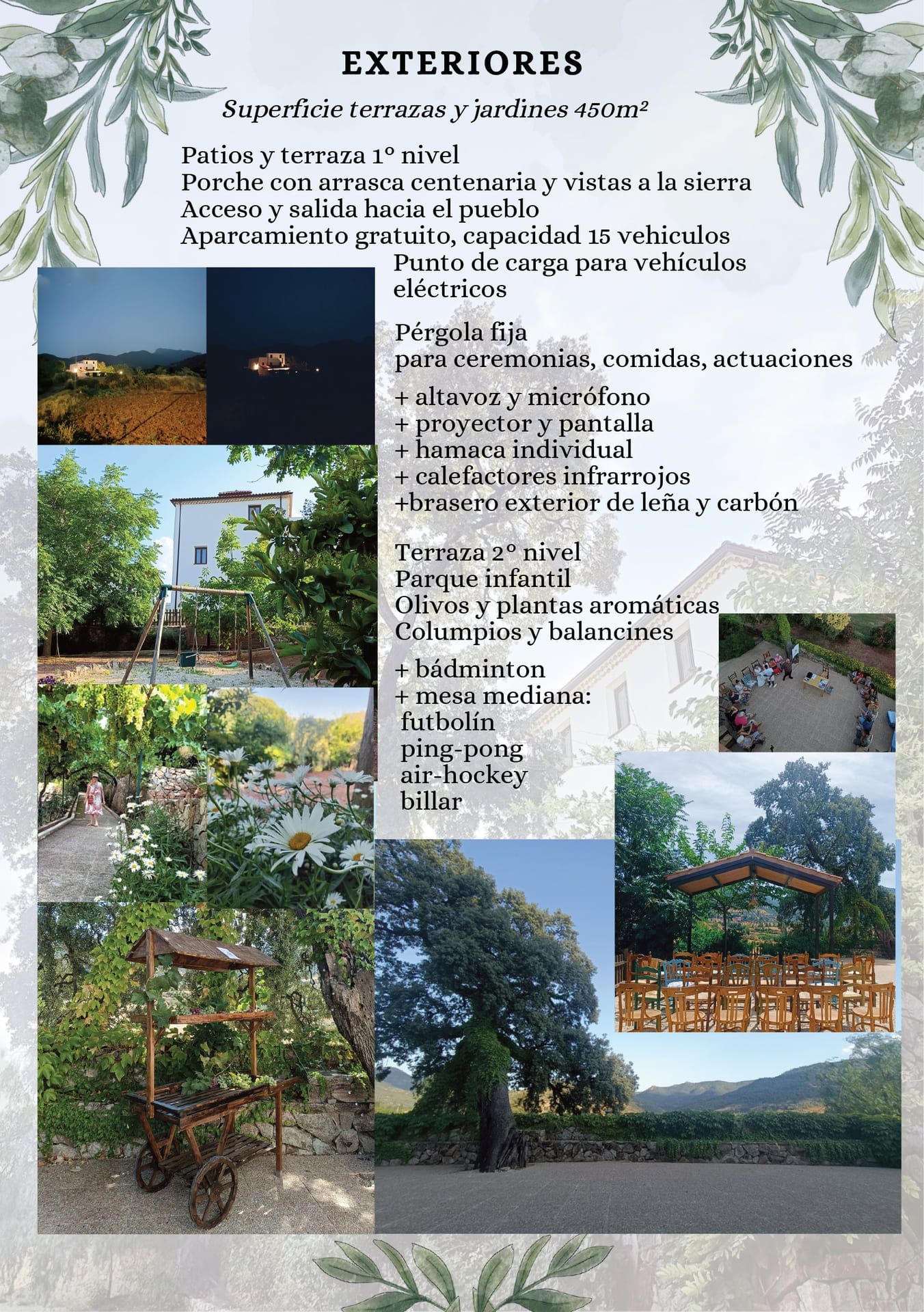 Collage de diseños de pérgolas para jardines exteriores con flores, vegetación y caminos de piedra.