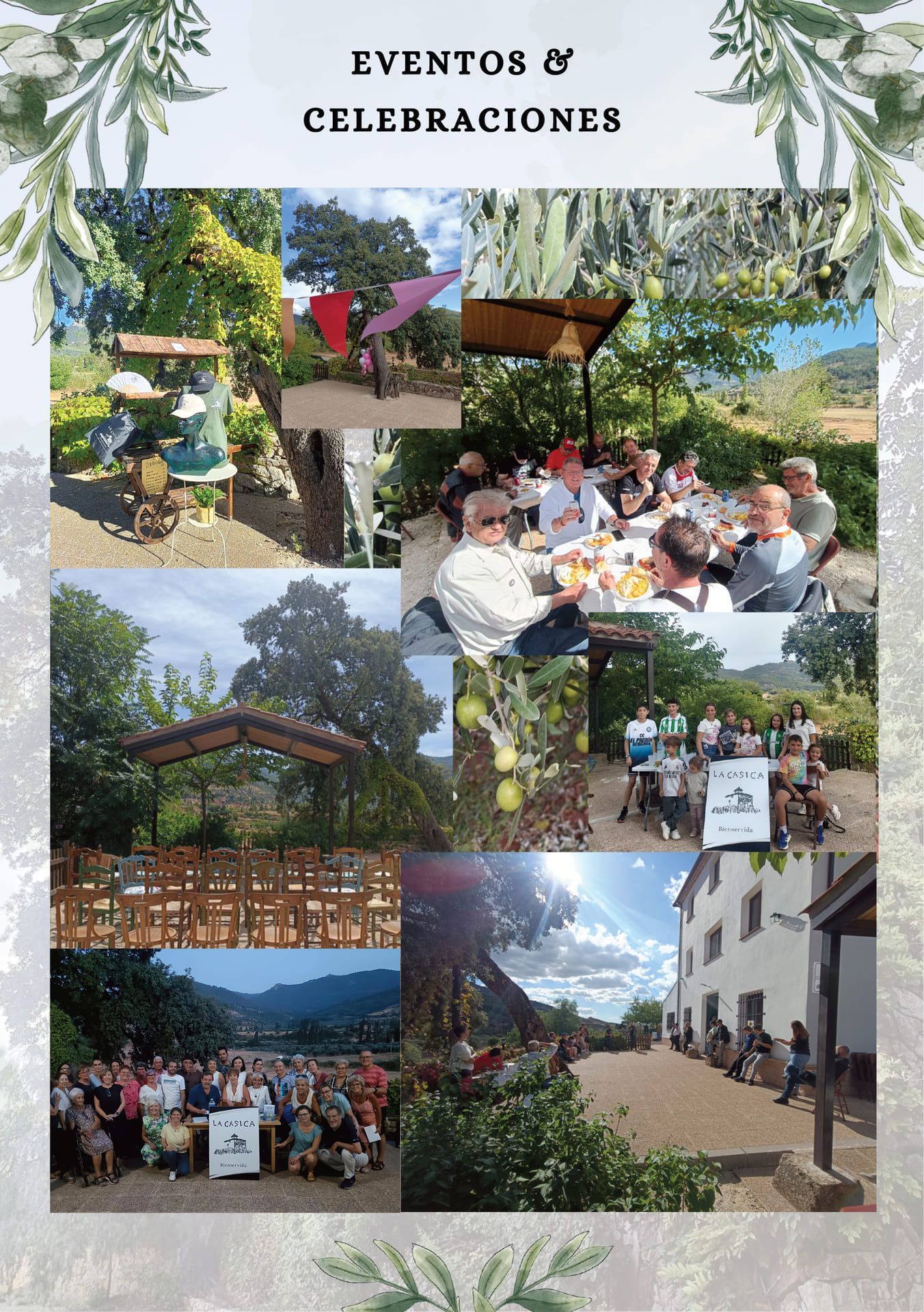 Collage de espacios para eventos y celebraciones al aire libre en un jardín con mesas, flores y vistas panorámicas.
