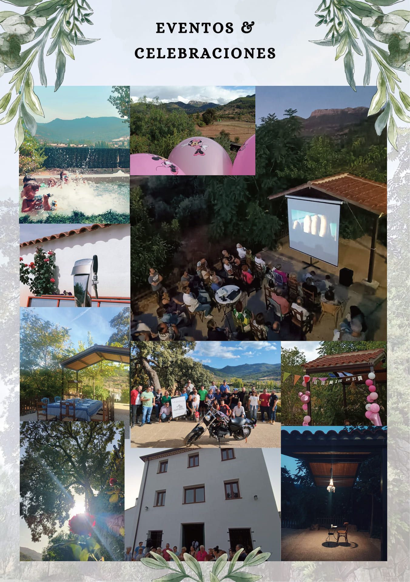Collage de eventos y celebraciones al aire libre con fotos de reuniones, escenario y paisajes campestres.