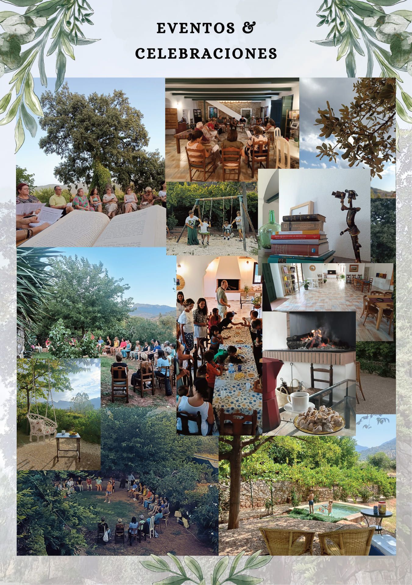 Collage de fotos de eventos al aire libre con personas cenando, celebrando y socializando en un entorno ajardinado.