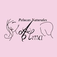 Logotipo: un fondo rosa con rostro de mujer, tijeras y el texto "Alma, Pelucas Naturales".