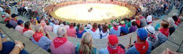 Una multitud de personas está viendo una corrida de toros en un anfiteatro.