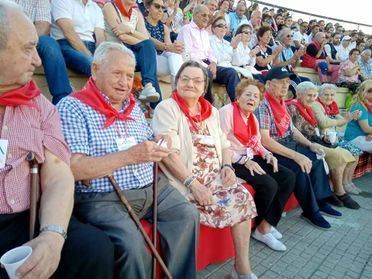 Un grupo de personas mayores están sentadas en un estadio.
