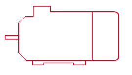 Contorno rojo de un motor eléctrico, con eje, base y caja de terminales.