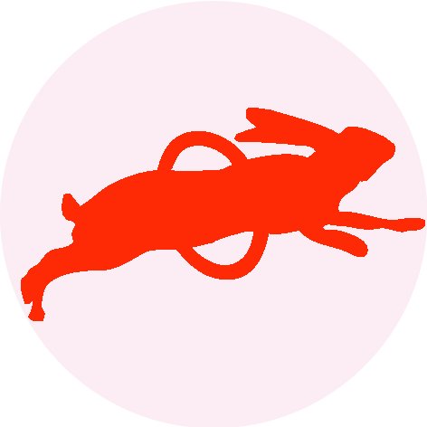 Rote Silhouette eines laufenden Kaninchens mit einem Kreis darin vor einem hellrosa Kreis.