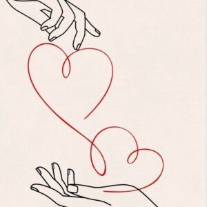 Dos manos unidas por una única línea roja continua que forma dos corazones entrelazados sobre un fondo claro.