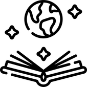 Un sencillo icono lineal que representa un libro abierto con un globo terráqueo flotando sobre él, rodeado de tres pequeñas estrellas brillantes.