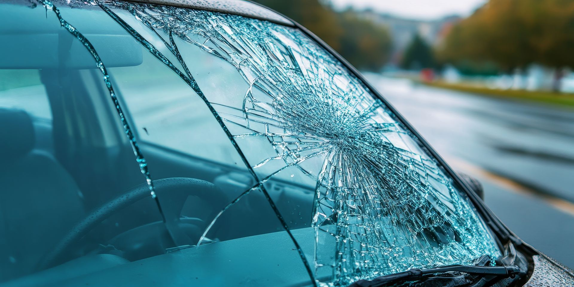 Gros plan sur le pare-brise d'une voiture cassé.