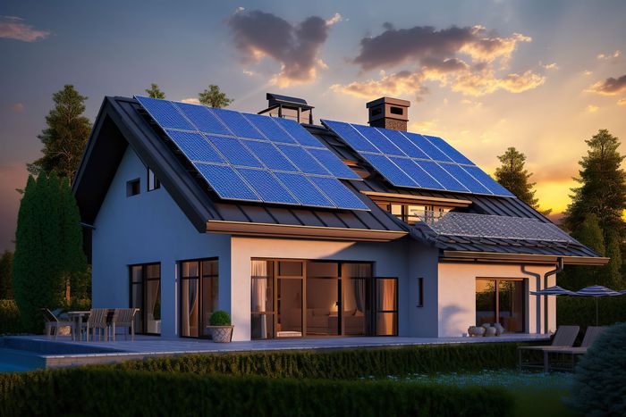 Ein Haus mit Sonnenkollektoren auf dem Dach bei Sonnenuntergang.