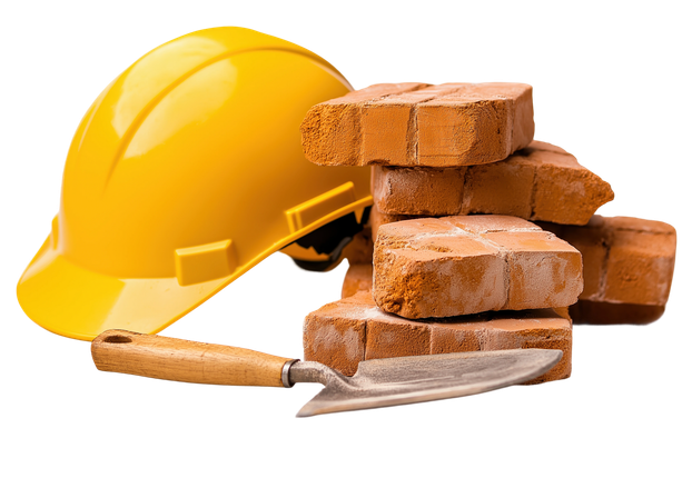 Tas de briques avec une truelle et un casque de chantier