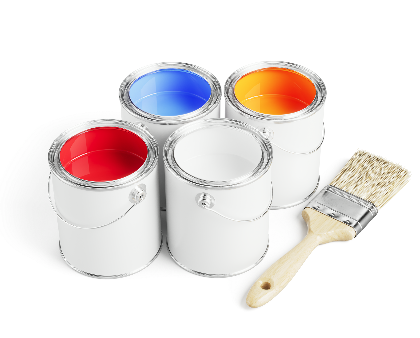 Pots de peinture ouverts avec un pinceau
