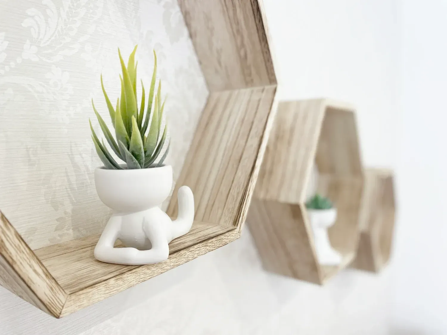 Dos estantes de madera con forma hexagonal con una pequeña maceta