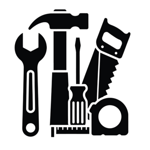 Outils à main : clé, marteau, tournevis, scie et mètre ruban.