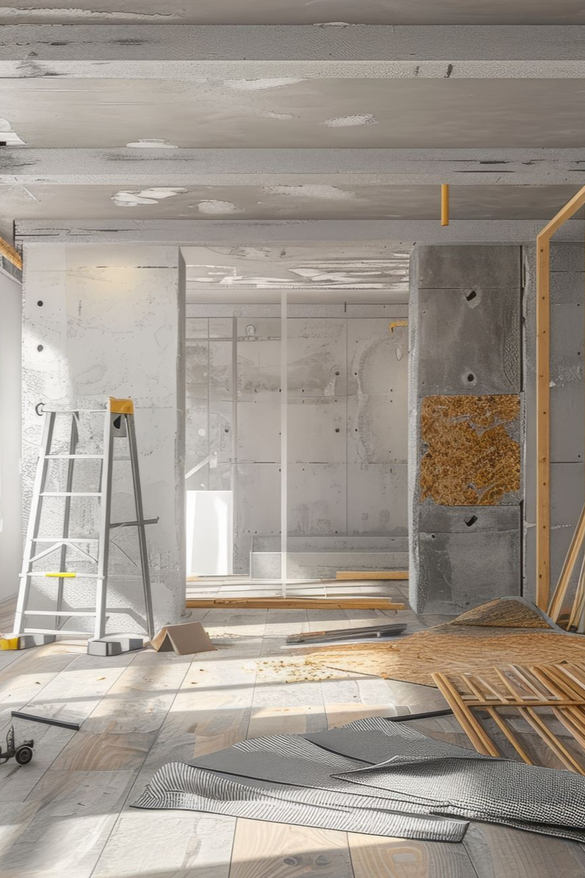 Intérieur en cours d'aménagement ; murs en béton, échelle, bois de construction, lumière naturelle.