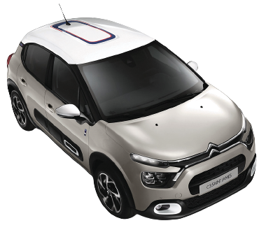 Citroën C3 Aircross argentée et blanche vue de dessus, avec toit panoramique.