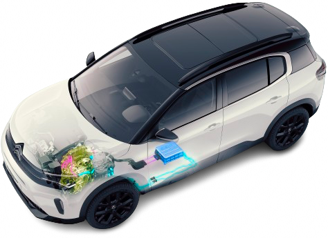 SUV blanc avec une vue en coupe montrant le moteur à combustion interne, le moteur électrique et la batterie.