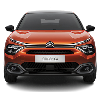 Citroën C4 orange, vue de face, accents noirs, de jour.
