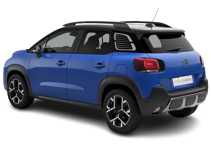 Citroën C3 Aircross SUV bleu, vue de trois quarts arrière, toit noir, jantes noires et argentées et garnitures noires.