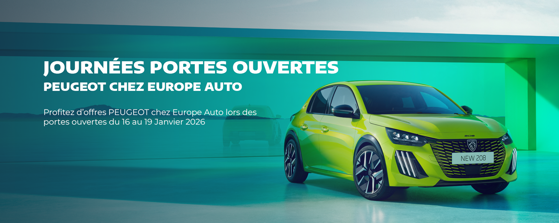 Voiture Peugeot jaune garée devant une structure verte, texte en français Journées portes ouvertes.