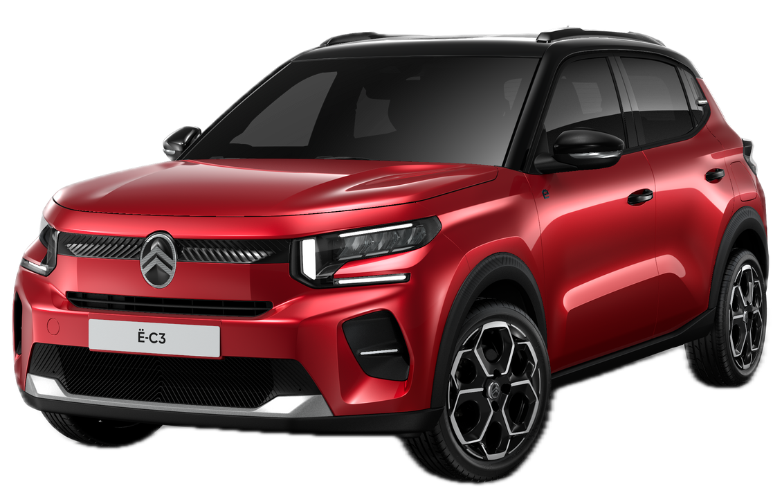 Citroën e-C3 SUV électrique rouge avec toit et jantes noirs, stationné sur une surface.