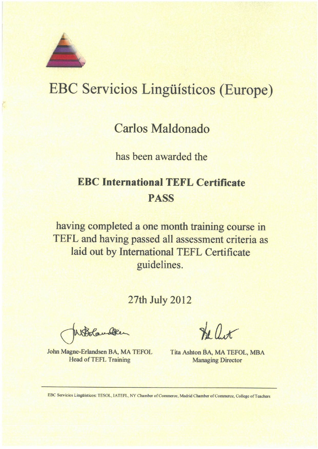 Carlos Maldonado ha sido galardonado con el certificado internacional TEFL de la EBC.