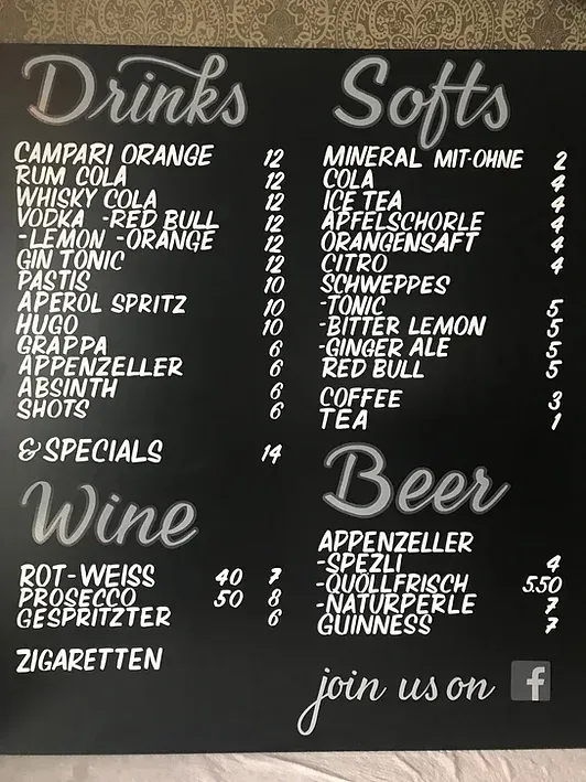 Eine Getränkekarte und alkoholfreie Getränke, einschließlich Wein und Bier