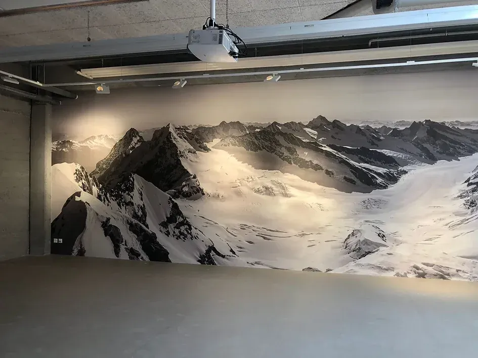 Ein großes Schwarzweißfoto einer Bergkette an einer Wand.