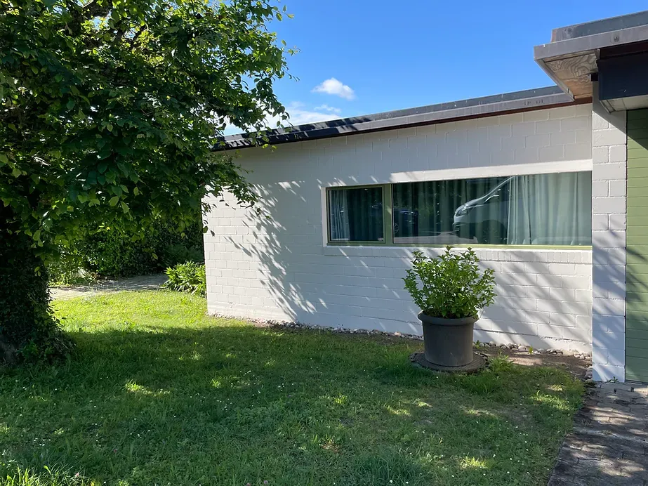 Ein weißes Haus mit einer Topfpflanze davor.