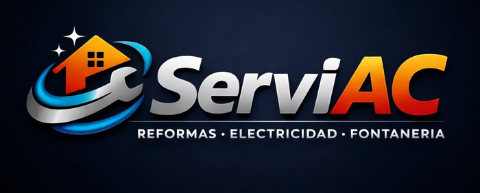 Logotipo de ServiAC con una casa y una curva en naranja, azul y gris, además del texto “Reformas • Electricidad • Fontanería”