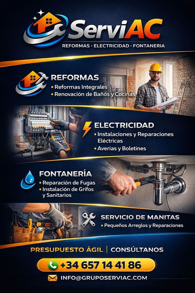 Anuncio de ServiAC de reparaciones del hogar con servicios de electricista, plomero y cerrajería sobre fondo azul anaranjado.