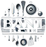 Ein Logo für ein Restaurant mit einem Haufen Küchenutensilien darauf.
