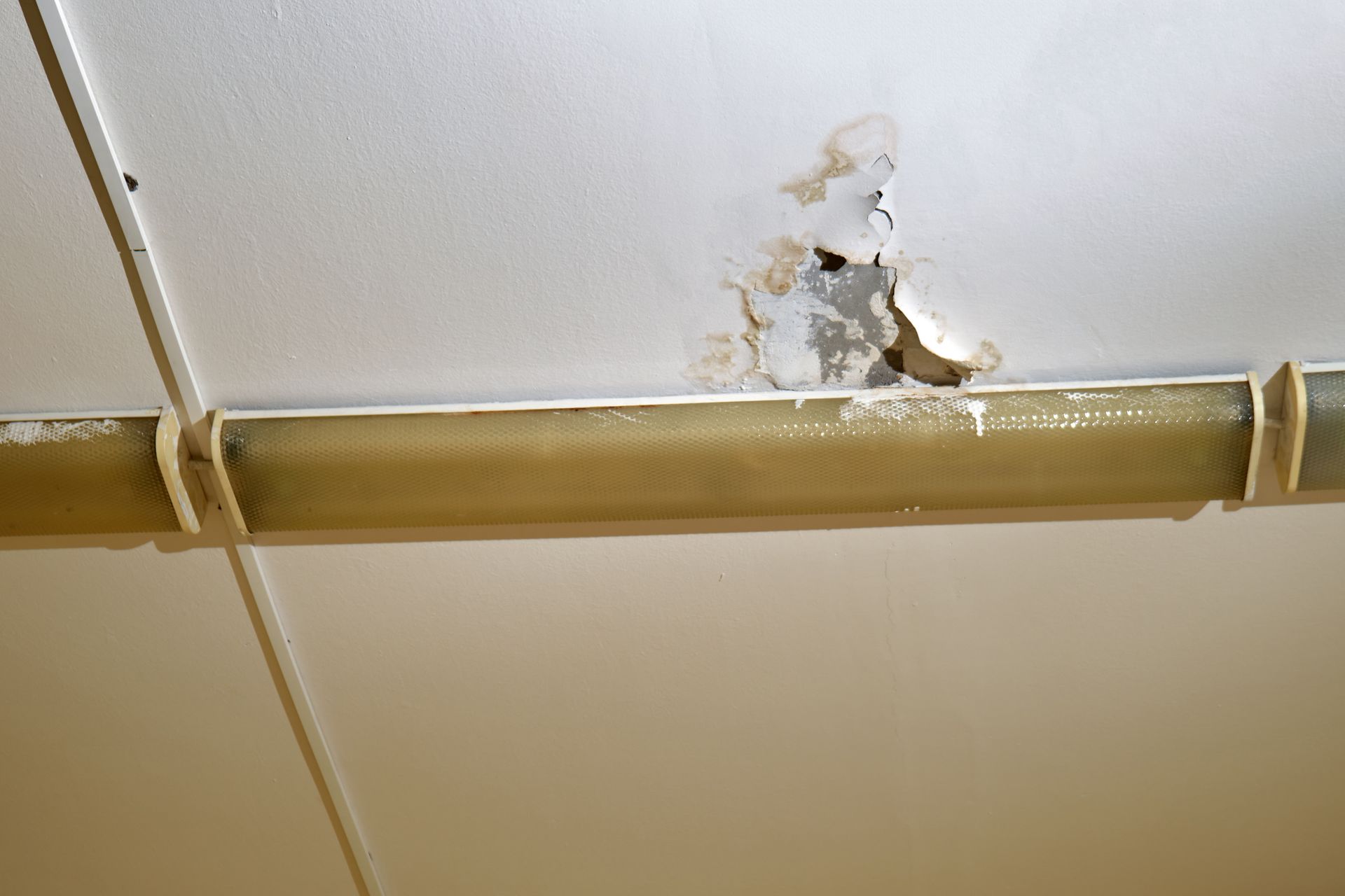 Plafond à côté d'un néon qui s'effrite