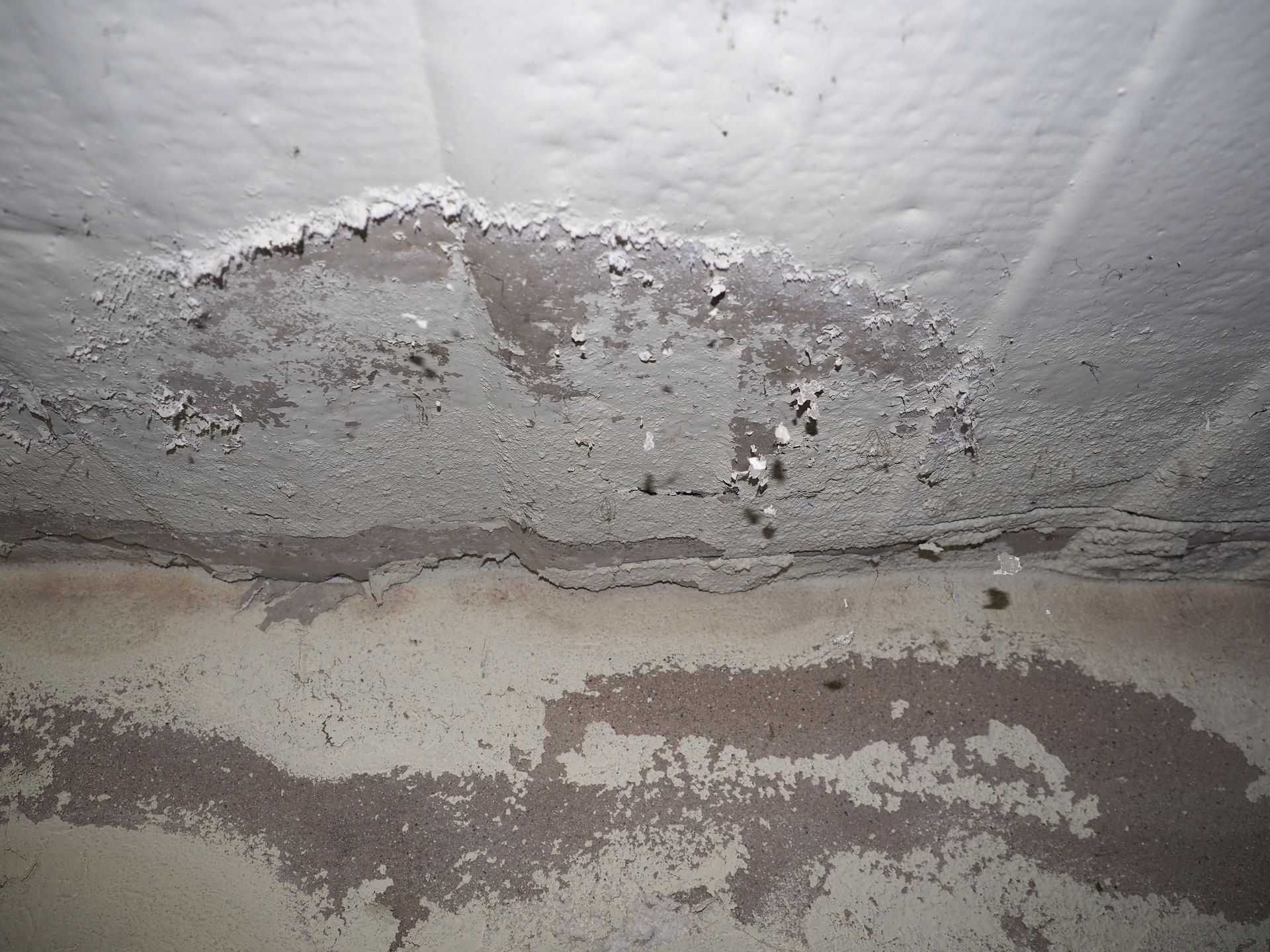 Plafond taché d'eau avec peinture écaillée, présentant des dégâts causés par une fuite.
