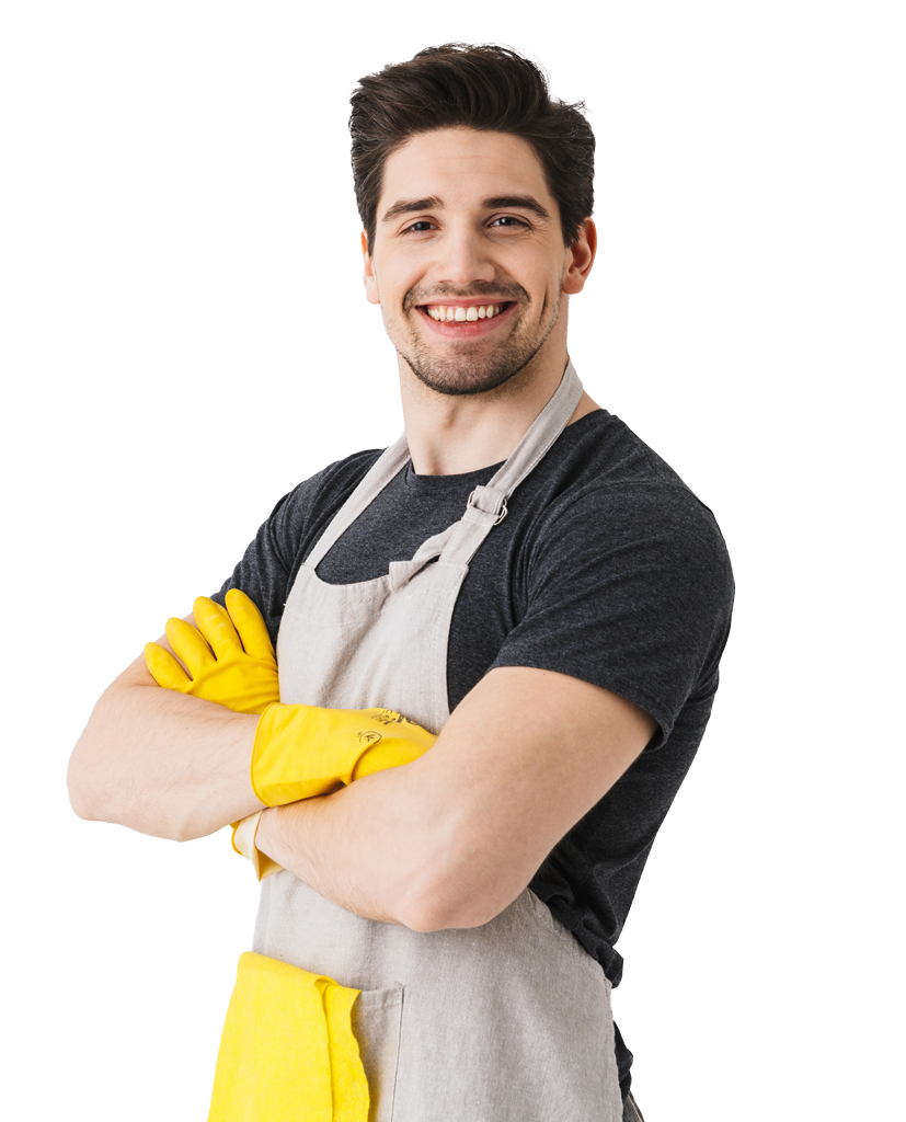 Un professionnel du nettoyage les bras croisés et souriant.
