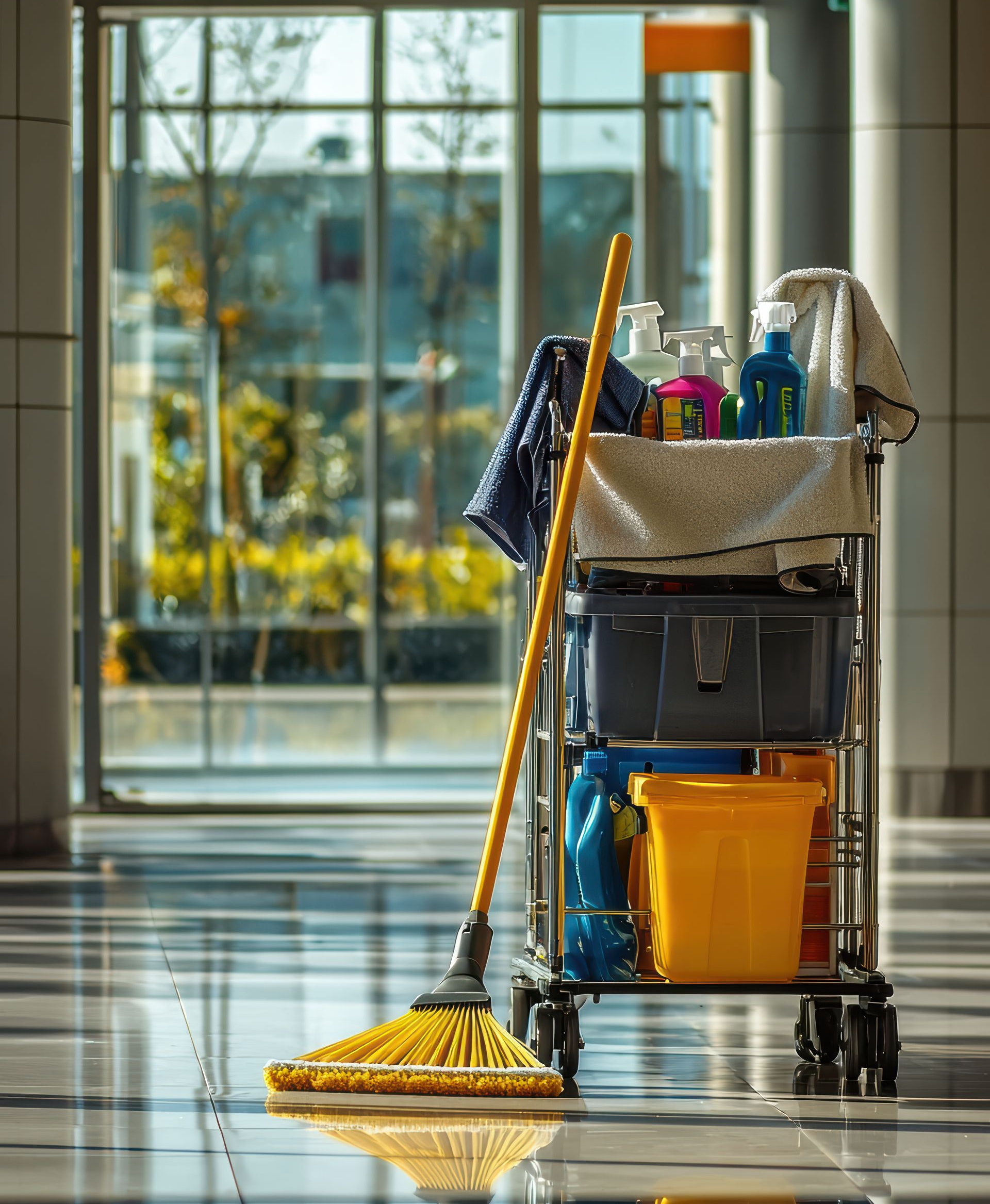 Chariot de nettoyage avec serpillière, vaporisateurs et seaux sur le sol brillant d'un bâtiment.