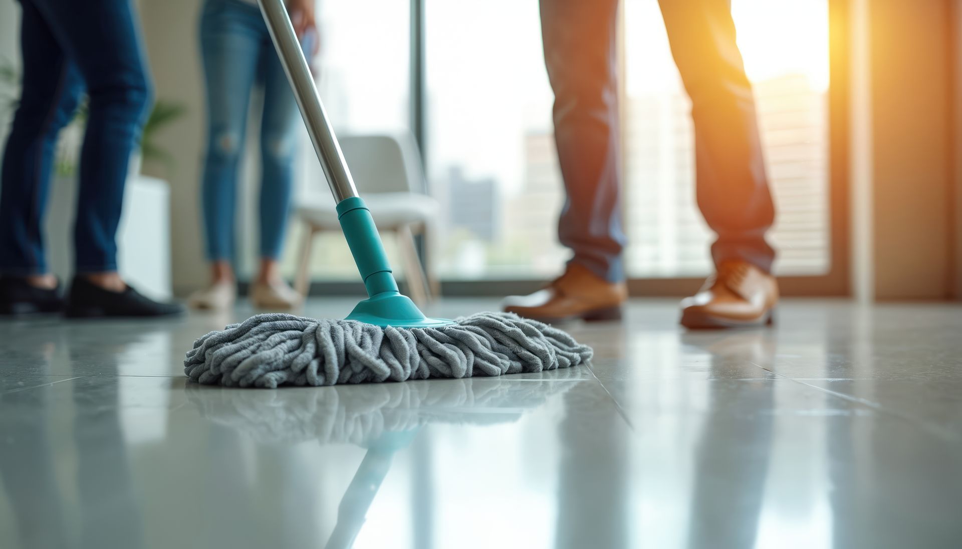 Une serpillière nettoie un sol brillant avec trois personnes debout à proximité, éclairées par la lumière du soleil à travers une fenêtre.