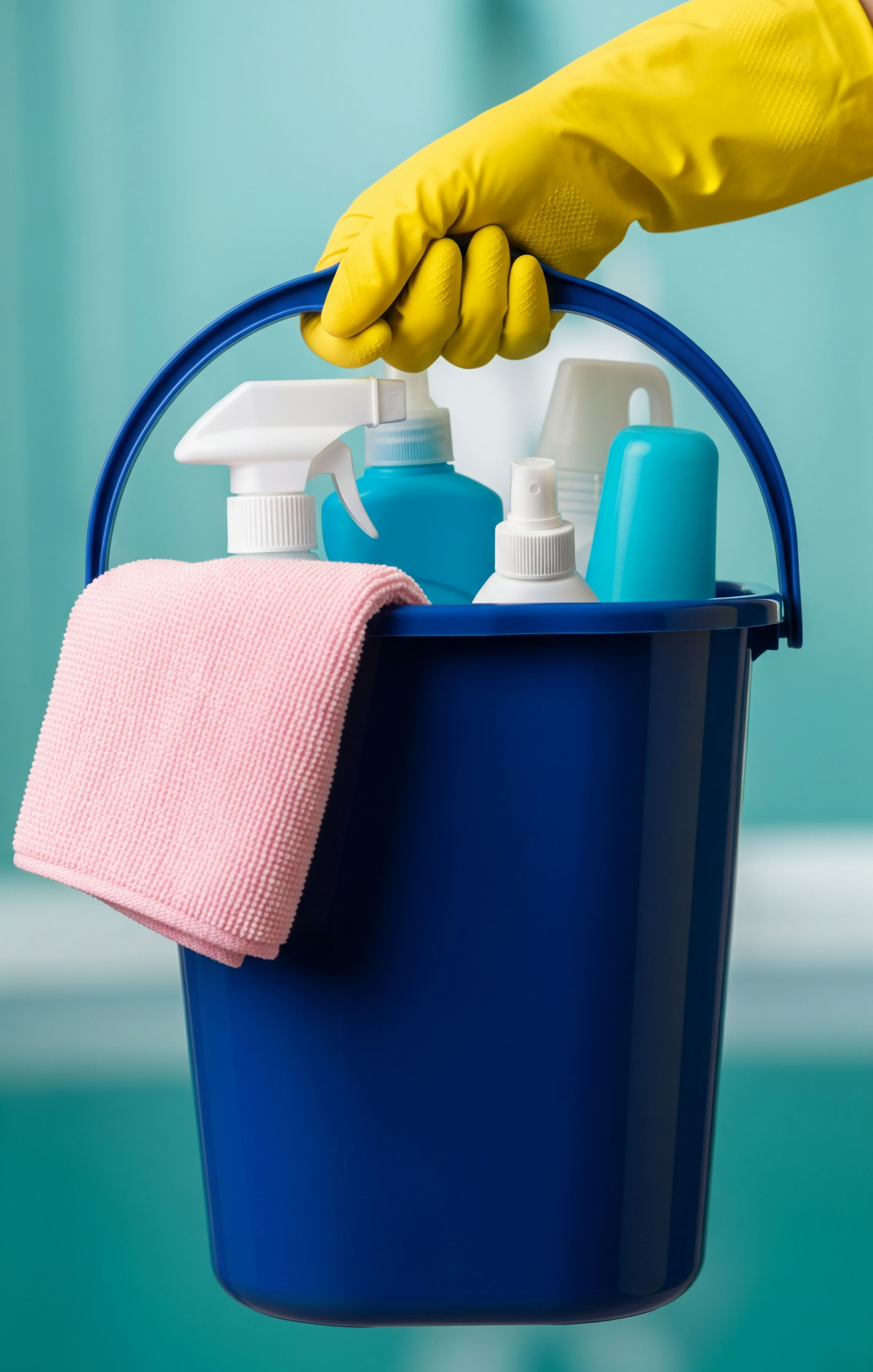 Main dans un gant jaune tenant un seau bleu rempli de produits de nettoyage et un chiffon rose.