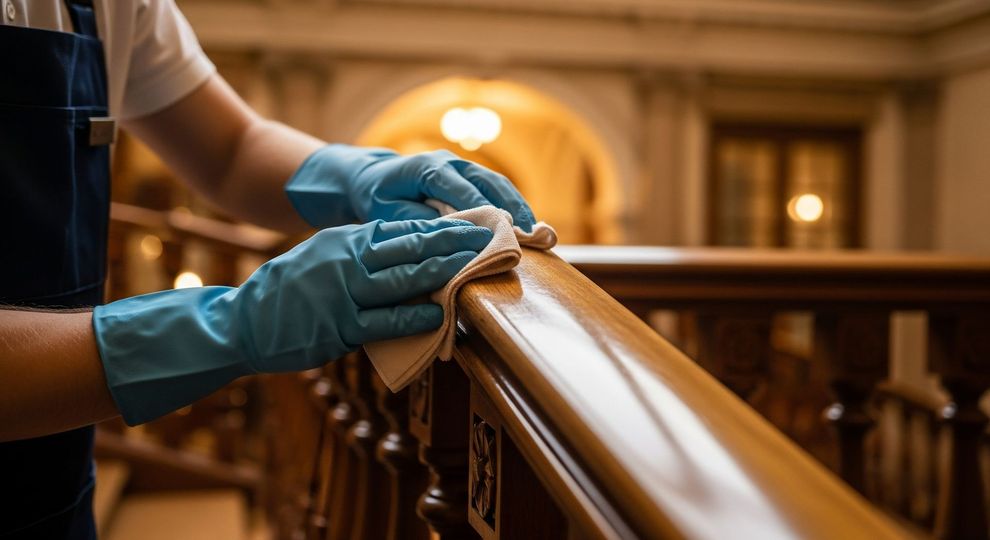 Une personne portant des gants bleus essuie une rampe en bois avec un chiffon. Intérieur orné de détails architecturaux.