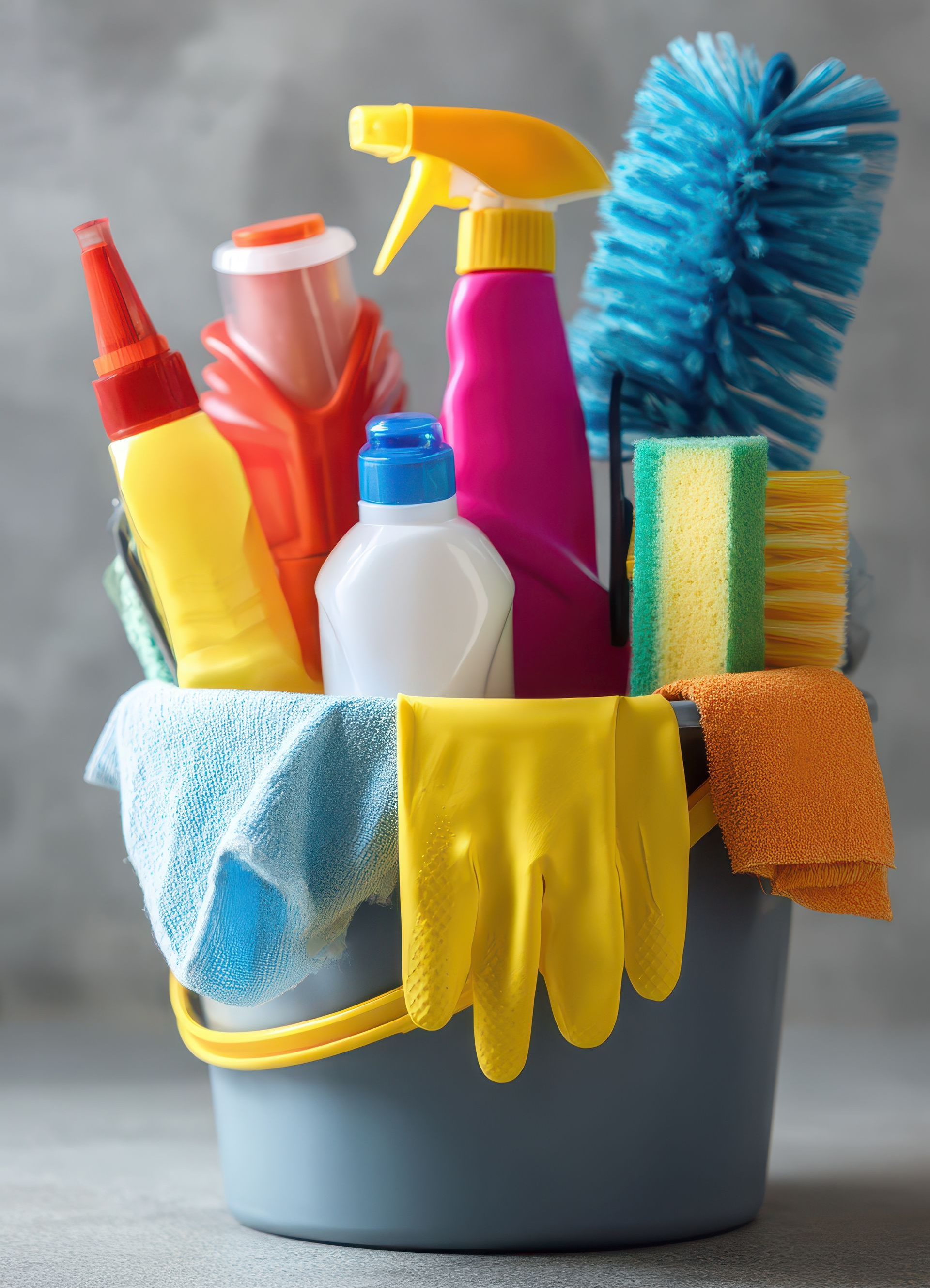 Seau rempli de produits de nettoyage : vaporisateur, brosse à récurer, éponges, chiffons et gants.