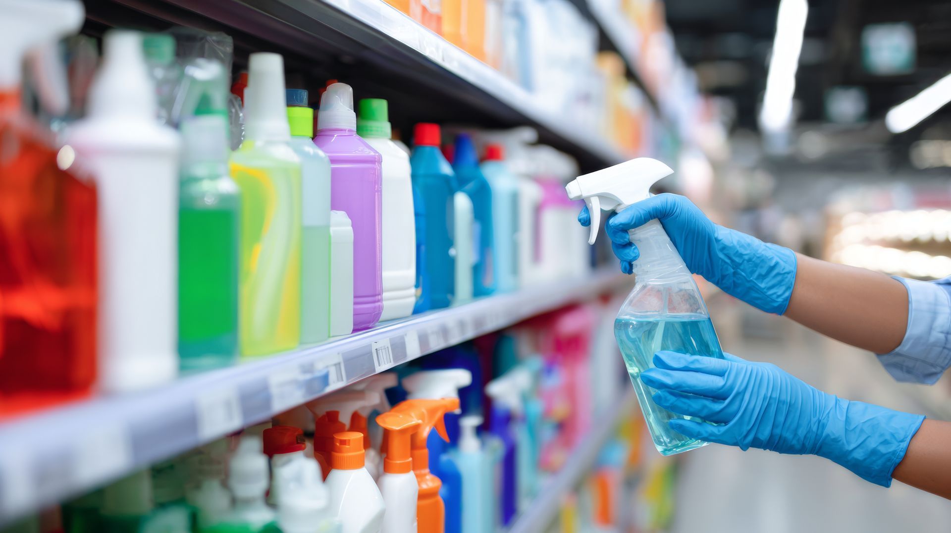 Une personne portant des gants bleus tenant un vaporisateur dans une allée de magasin contenant des produits de nettoyage.