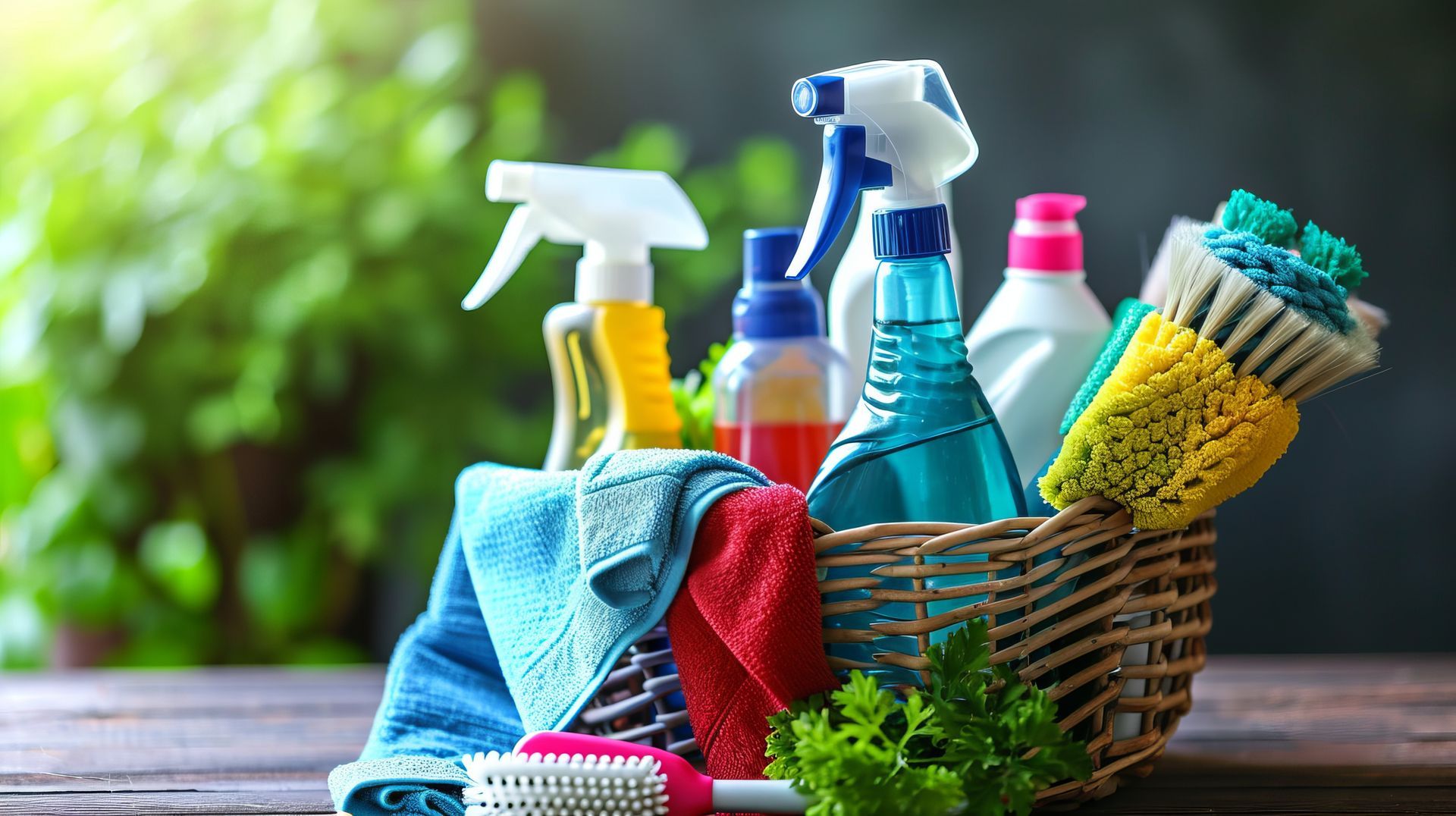 Fournitures de nettoyage dans un panier en osier : vaporisateurs, éponges, chiffons et brosses sur une surface en bois.
