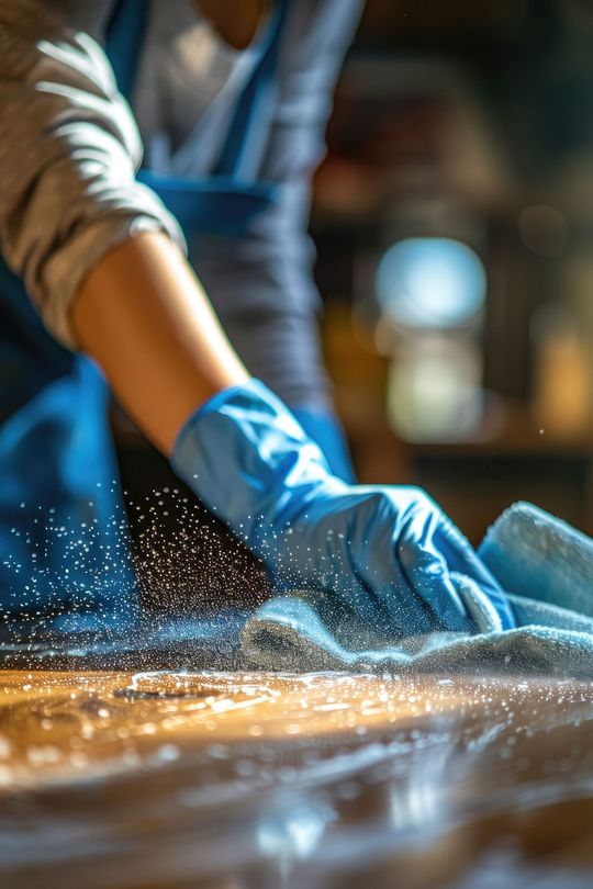 Personne portant des gants bleus essuyant une surface en bois avec un chiffon bleu, particules de poussière visibles.