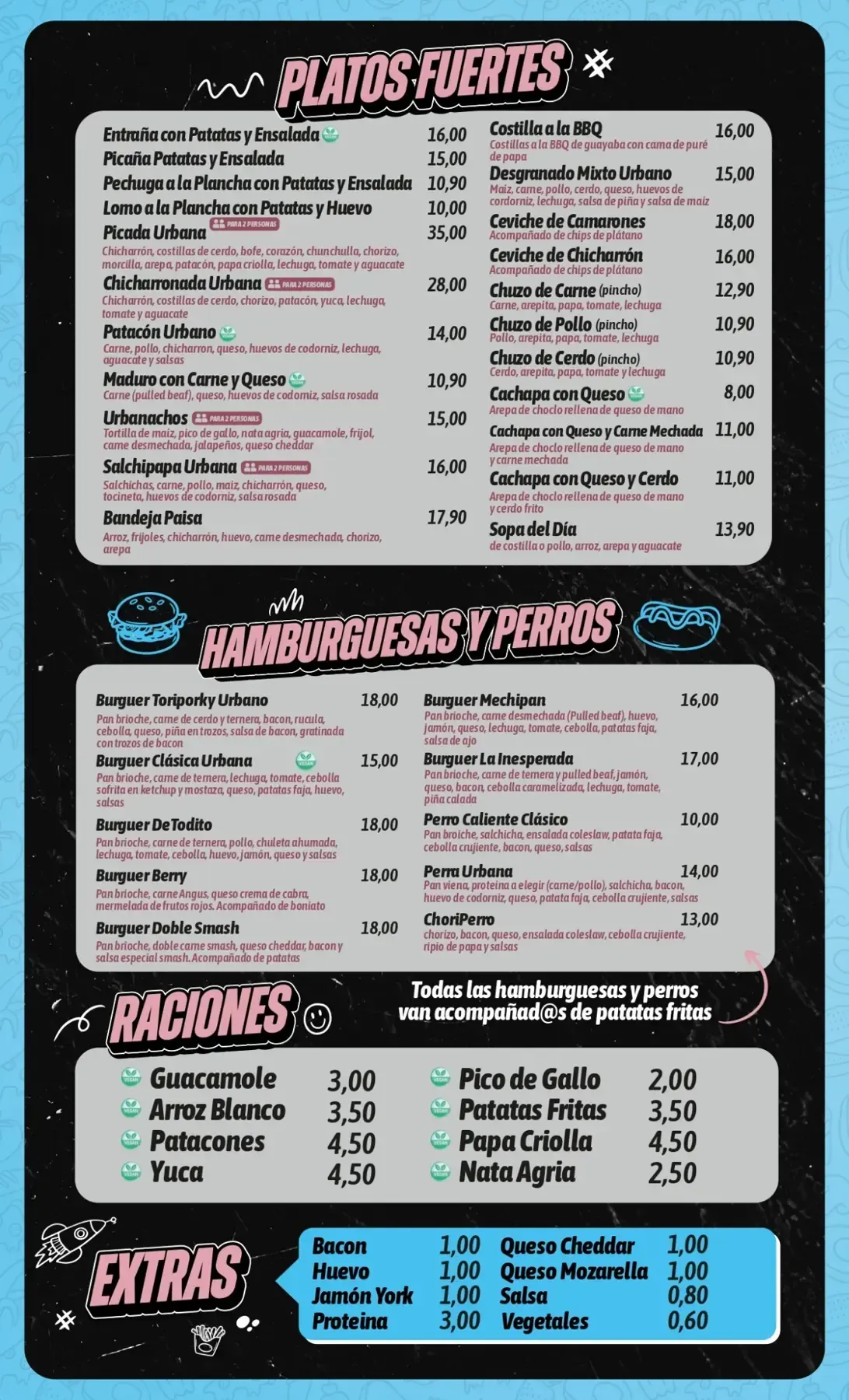 Tablero de menú con secciones para platos principales, hamburguesas, guarniciones y extras.