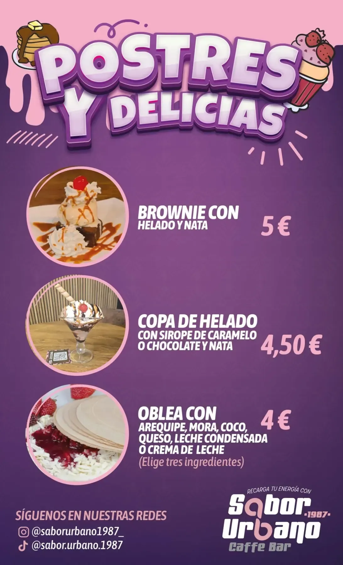 Carta de postres con brownie, copa de helado y barquillo, con un precio de 4-5 euros, sobre fondo morado.