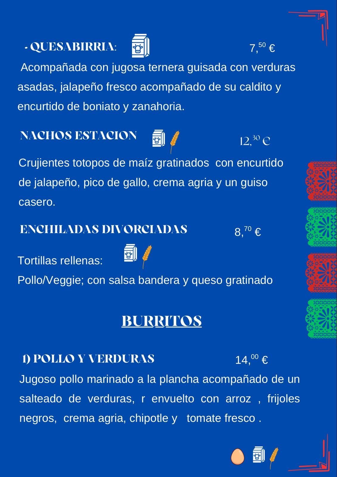 Menú con texto e íconos, listando quesabirrias, nachos, enchiladas y burritos con descripciones y precios.