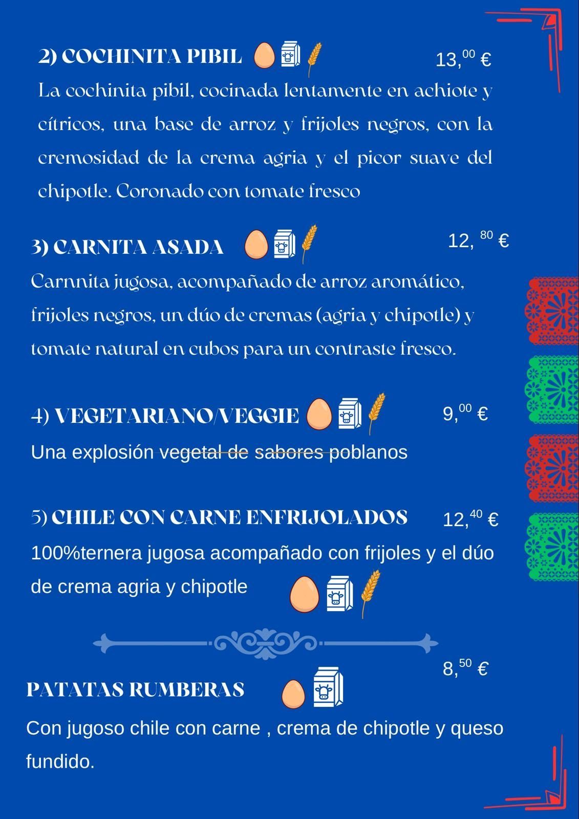 Menú con texto en español y precios. Platos como cochinita pibil, carnita asada y vegetariano.