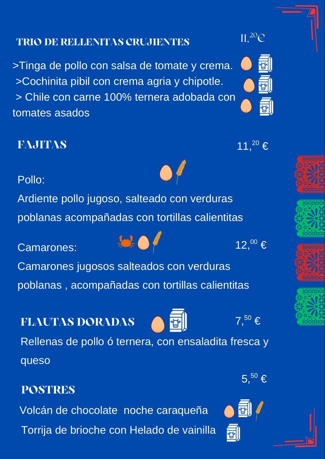 Menú con texto en español, ofreciendo aperitivos crujientes, fajitas, flautas doradas y postres.