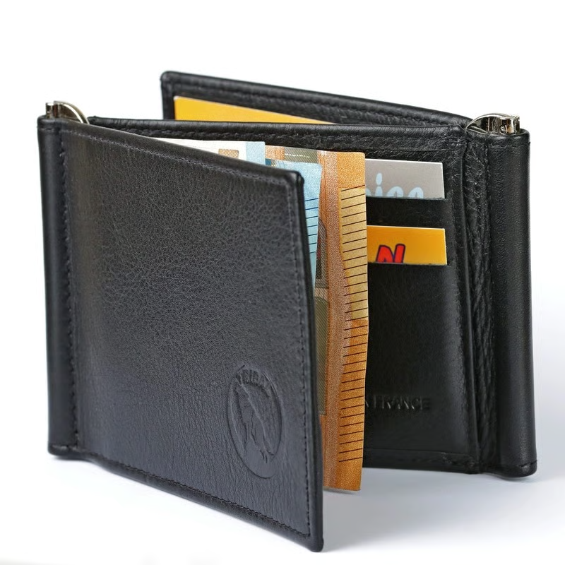 Portefeuille en cuir noir avec pince à billets, pouvant contenir de l'argent liquide et des cartes.